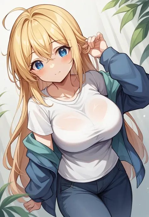 (Highest qualityのイラスト:1.2), (cute女の子:1.1), (1 girl、17 years old、Highest qualityのイラスト:1.2), (1 girl、Kind eyes、blue eyes:1.2)、Blonde、Semi-long hair、Mature、(Highest quality、Very detailed、cute、Ultra-high resolution) 、Tailors Jacket、pants suit、Collarless T-shir...