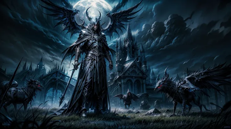  dark fantasy aestetics, dark night, dim light, huge wings made of grey and blue fire, death reaper, black cloak, skeleton covered in grey fire, horrifing beauty, standing with the scythe, big grass field on the background, dark fantasy, horror, dnd, atmos...