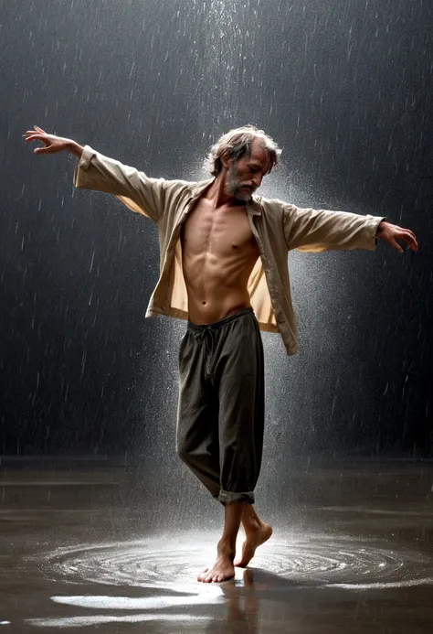 Soul Dancer Mark,A homeless man dancing alone in the rain，soul，Barefoot，Loose and worn clothes，Professional ballet movements，Fingertips 1 butterfly，Very contagious，Splash，Light and Shadow，Minimalism，artistic conception，Clean background