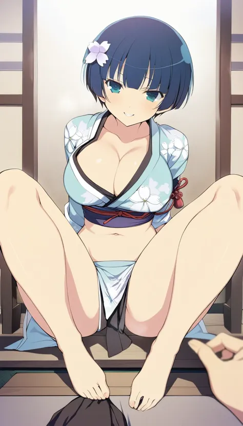 masterpiece, best quality, 
yozakura (senran kagura), 1girl, breasts, solo, 
short hair, blue hair, flower, blue eyes, large breasts, hair ornament, 
japanese clothes, hair flower, navel, midriff, bare legs, cleavage, emblem, smile, 
pov, 