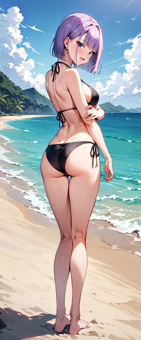 (masterpiece, best quality:1.2), full body, solo, Android 18 from Dragon Ball, 20s, ((string bikini, black bikini, thigh gap)), standing, medium breasts, blunt bangs, short purple hair, (black eyes), earrings on earlobes, slim, slender feminine figure, ski...