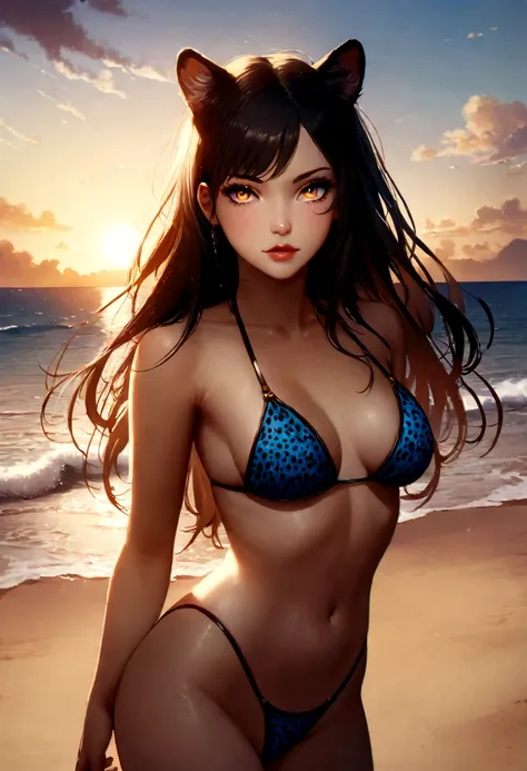 Realistic、1 girl、Sexy Swimwear、Thong Bikini、high school girl、Perfect limbodel、Sunburned skin、Cheetah-like、Beautiful detailed eyes、Beautiful detailed lips、Very detailed顔と目、Long eyelashes、elegant、Confident、Seductive Pose、At the Beach、Beach Background、Sun lig...