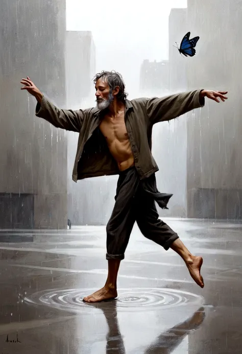 Soul Dancer Mark,A homeless man dancing alone in the rain， souls，Barefoot，Loose and worn clothes，Professional ballet movements，Fingertips 1 butterfly，Very contagious，Splash，Light and Shadow，Minimalism，artistic conception，Clean background