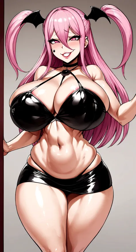 big lips, black and pink hair, pink eyes, japanese face, improve, improve grin, two sides up, huge breasts, Wide hips, sexy, detailed,  room, Hits, (evil smile1.4), kawaii, mini skirt lewd, lewd, GOOD, mini lewd costume, mini lewd shirt,  choker, mini lewd...