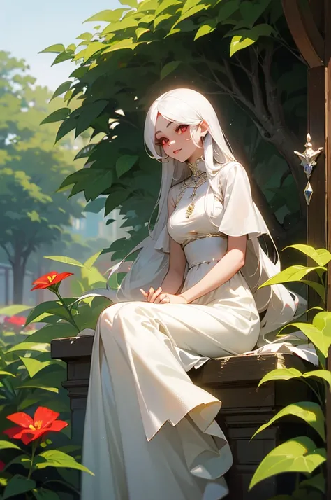 An adult woman with white eyelashes, Red eyes, long white hair, She is covered in jewels and a white dress, is beautiful, she is sitting in a garden 