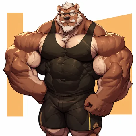 solo, 1boy, huge muscular old grizzly bear wearing glasses , pectoral, huge pectoral, wide pectoral, short white hair, short pan...