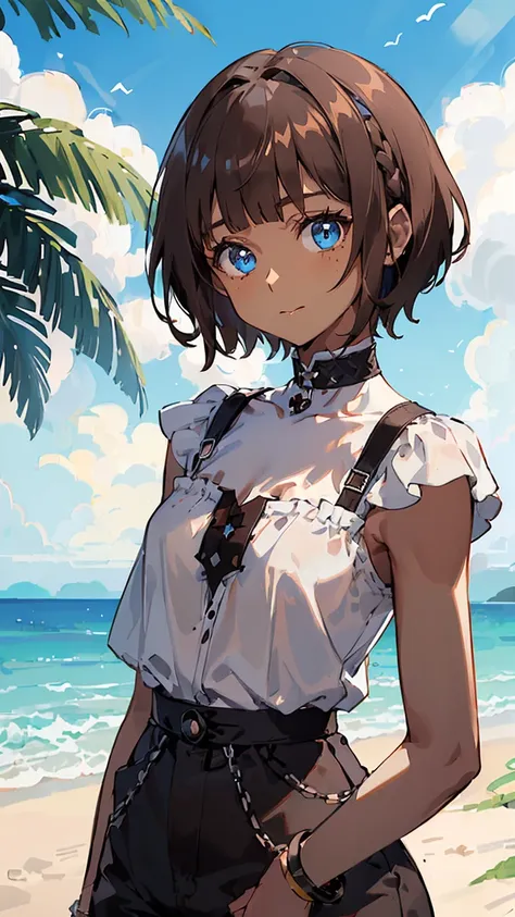 One Woman、  (dark brown skin:1.8), Beautiful silver hair、((((Very short hair))))、(hair band)、French Braid、Sky blue eyes、Beautiful Eyes、(((Blunt bangs))), ((Medium Chest)), 24-years-old、 (tsurime), Tight waist, short-sleeved shirt, daisy duke shorts,In a se...