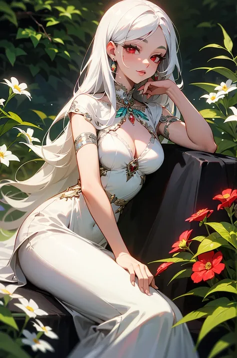 An adult woman with white eyelashes, Red eyes, long white hair, She is covered in jewels and a white dress, is beautiful, she is sitting in a garden 