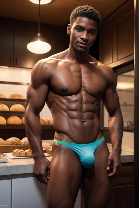 1boy, (Blue Eyes), happy smile,American boy,16 years old,young, slim body, slender, skinny body build, child-like,Handsome sexy black man, perfect body, male body aesthetics, skin texture, chocolatier, strip, preparing chocolate dessert, warm atmosphere of...