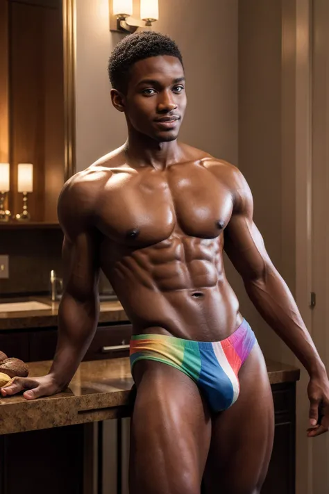 1boy, (Blue Eyes), happy smile,American boy,16 years old,young, slim body, slender, skinny body build, child-like,Handsome sexy black man, perfect body, male body aesthetics, skin texture, chocolatier, strip, preparing chocolate dessert, warm atmosphere of...