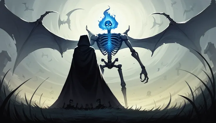  dark fantasy aestetics, dark night, dim light, huge wings made of grey and blue fire, death reaper, black cloak, skeleton covered in grey fire, horrifing beauty, standing with the scythe, big grass field on the background, dark fantasy, horror, dnd, atmos...