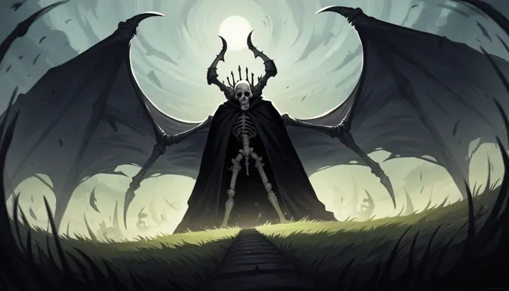  dark fantasy aestetics, dark night, dim light, huge wings made of grey and blue fire, death reaper, black cloak, skeleton covered in grey fire, horrifing beauty, standing with the scythe, big grass field on the background, dark fantasy, horror, dnd, atmos...