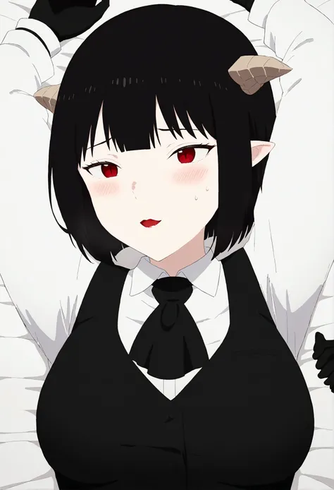 work of art, best qualityer, high resolution, 1girl horns short hair demon tail, white shirt black ascot black gloves black pants black vest lying on your back, sheet, arms up,blushed,face red,laugh,Bblack hair,gaping mouth,language
