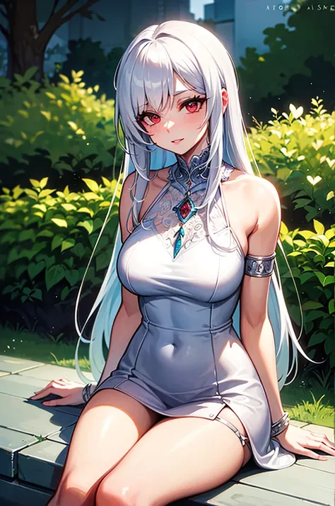 An adult woman with white eyelashes, Red eyes, long white hair, She is covered in jewels and a white dress, is beautiful, she is sitting in a garden 