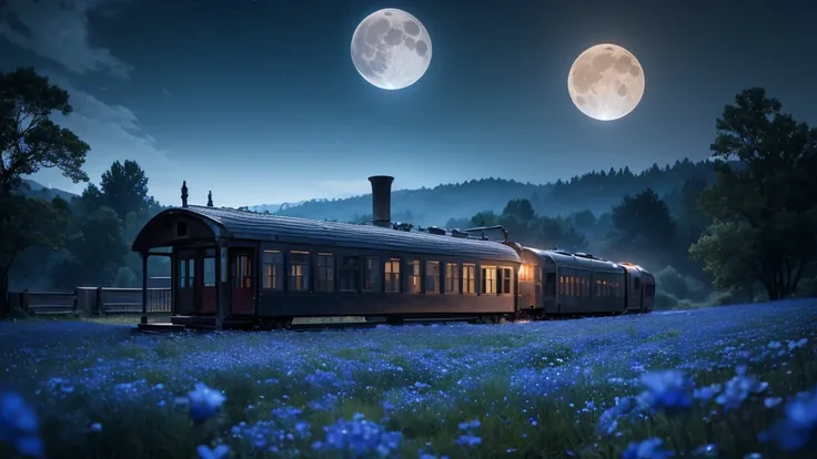 derelict unmanned small old train station and line on the glowing nemophila flowers hill, under a night sky with a full moon, ethereal blue-tinted world, fantasy, highly detailed, 8k, (best quality,4k,8k,highres,masterpiece:1.2),ultra-detailed,(realistic,p...