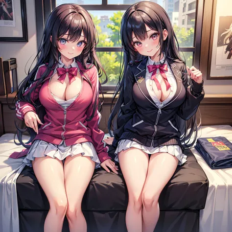 (best quality,8K,high school girl,zippered track jacket,smiling,gravure idol,Model,beautiful girl,down，The room，Adult， hair,alluring Multiple girls are depicted，uniform，cardigan，blazer，Ribbon on uniform，girl,masterpiece,highest masterpiece,long hair,perfec...