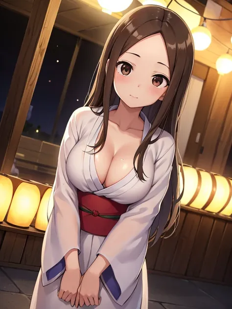 Photo taken at a festival at night,whole body,One girl, Mount Takagi,Brown eyes, Brown Hair, Long Hair, amount,Center Parting,Part your hair in the center,Parting hair in the middle,Show your forehead,髪を分けShow your forehead,Big Breasts,Cleavage,yukata,kimo...