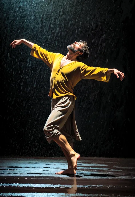 Soul Dancer Mark,A homeless man dancing alone in the rain， souls，Barefoot，Loose and worn clothes，Professional ballet movements，Fingertips 1 butterfly，Very contagious，Splash，Light and Shadow，Minimalism，artistic conception，Clean dark background