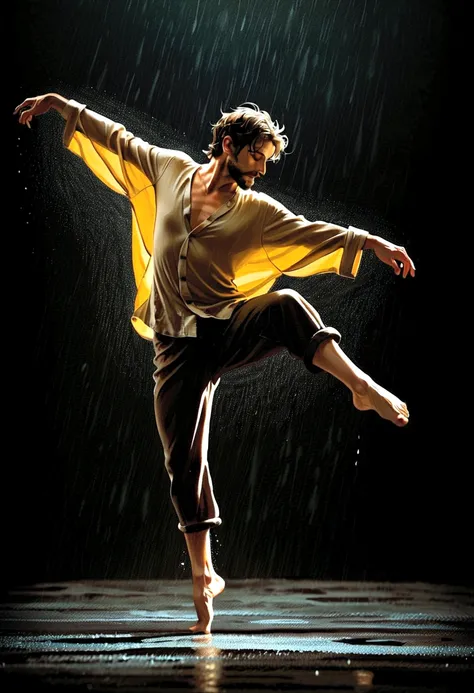 Soul Dancer Mark,A homeless man dancing alone in the rain， souls，Barefoot，Loose and worn clothes，Professional ballet movements，Fingertips 1 butterfly，Very contagious，Splash，Light and Shadow，Minimalism，artistic conception，Clean dark background