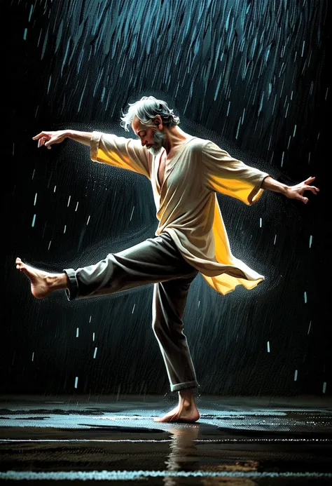 Soul Dancer Mark,A homeless man dancing alone in the rain， souls，Barefoot，Loose and worn clothes，Professional ballet movements，Fingertips 1 butterfly，Very contagious，Splash，Light and Shadow，Minimalism，artistic conception，Clean dark background