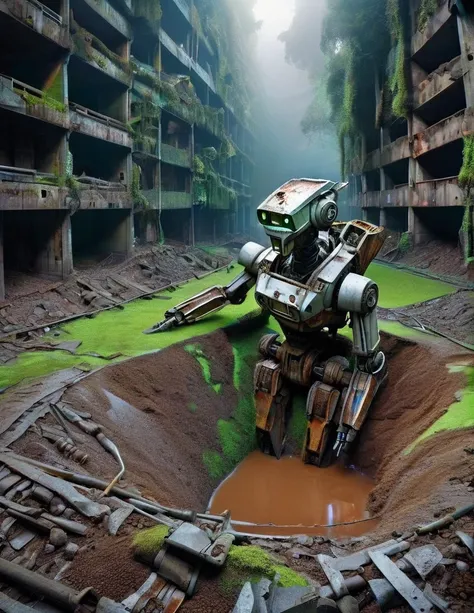 bird's eye view, a landslide buried a huge abandoned mecha, lying in a pit, the mecha is covered in rust and running mud, broken...