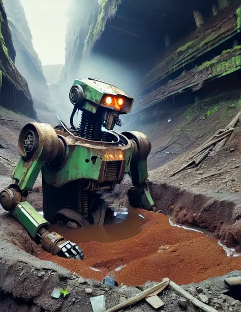 bird's eye view, a landslide buried a huge abandoned mecha, lying in a pit, the mecha is covered in rust and running mud, broken...