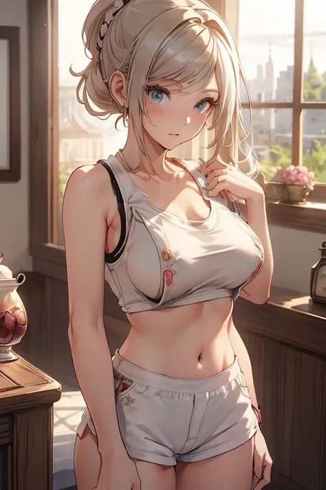 masterpiece、highest quality、Very detailed、An illustration、Beautiful fine details、One Girl、cute、Detailed landscape、Training Room Background:1.4、Platinum Blonde Hair、Braided Ponytail、Red camisole、((a cup breasts, Tank top showing underboob:1.3))
