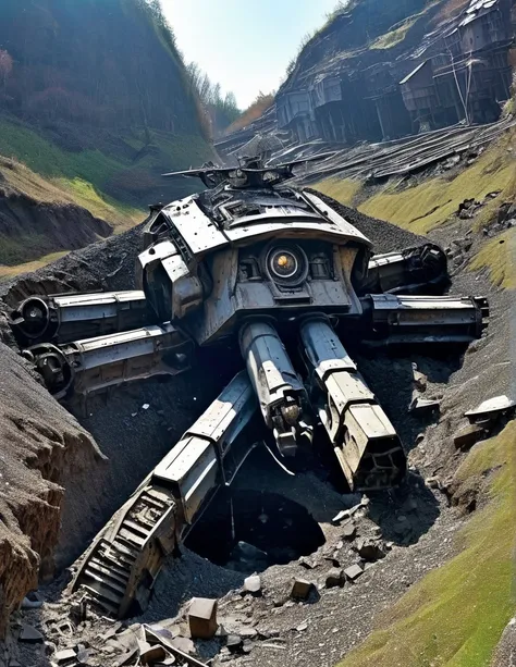 bird's eye view, a landslide buried a huge abandoned mecha, lying in a pit, the mecha is covered in rust and running mud, broken...