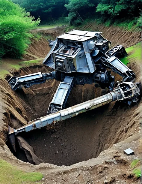 bird's eye view, a landslide buried a huge abandoned mecha, lying in a pit, the mecha is covered in rust and running mud, broken...