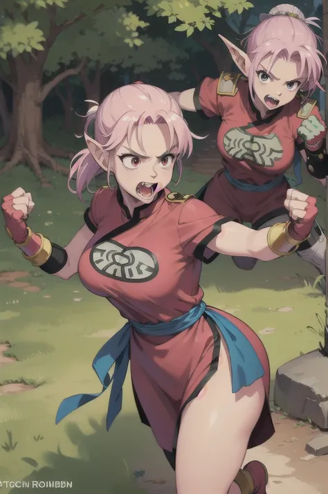 maam,big breasts,beautifuleyes,narrow waist,realistic,solo,outdoor,forest, martialMaam,pink hair,hair bun,long hair,china dress,short sleeves,sash,fingerless gloves,beautiful legs, clenched fists, (action pose,:1.1), (masterpiece, best quality:1.1), (open ...