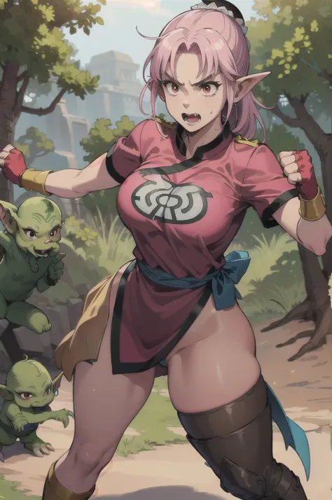 maam,big breasts,beautifuleyes,narrow waist,realistic,solo,outdoor,forest, martialMaam,pink hair,hair bun,long hair,china dress,short sleeves,sash,fingerless gloves,beautiful legs, clenched fists, (action pose,:1.1), (masterpiece, best quality:1.1), (open ...