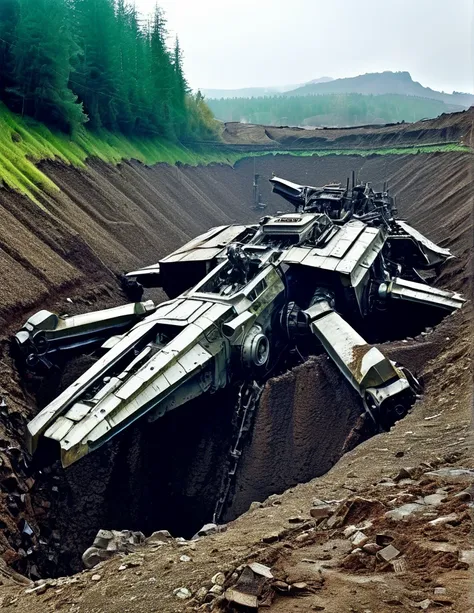 bird's eye view, a landslide buried a huge abandoned mecha, lying in a pit, the mecha is covered in rust and running mud, broken...