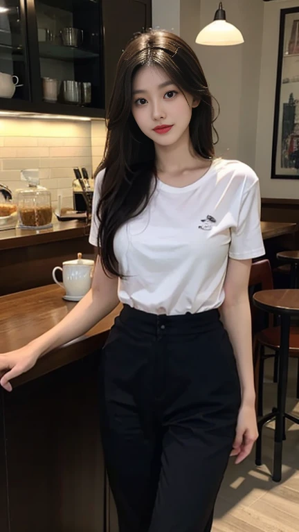 1 Girl,Cafe,Soft Light,Chinese Beauty,Tight Fit,Short sleeve,Trousers,Dark-haired,long hair