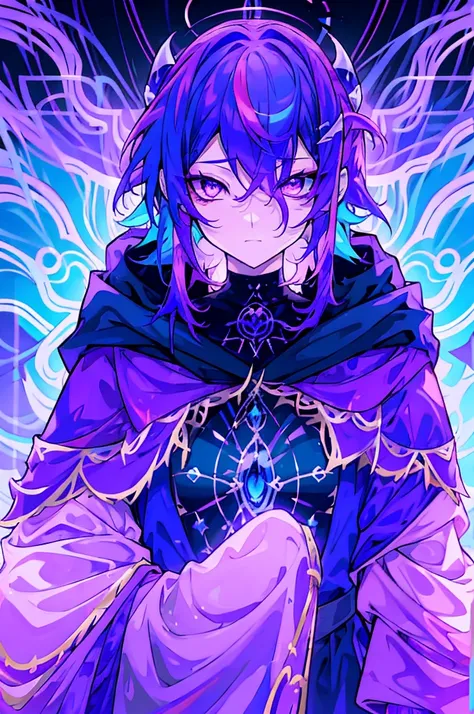 a mysterious figure with purple and blue hair, wrapped in a cloak that transitions between purple colors, pink and blue, each de...