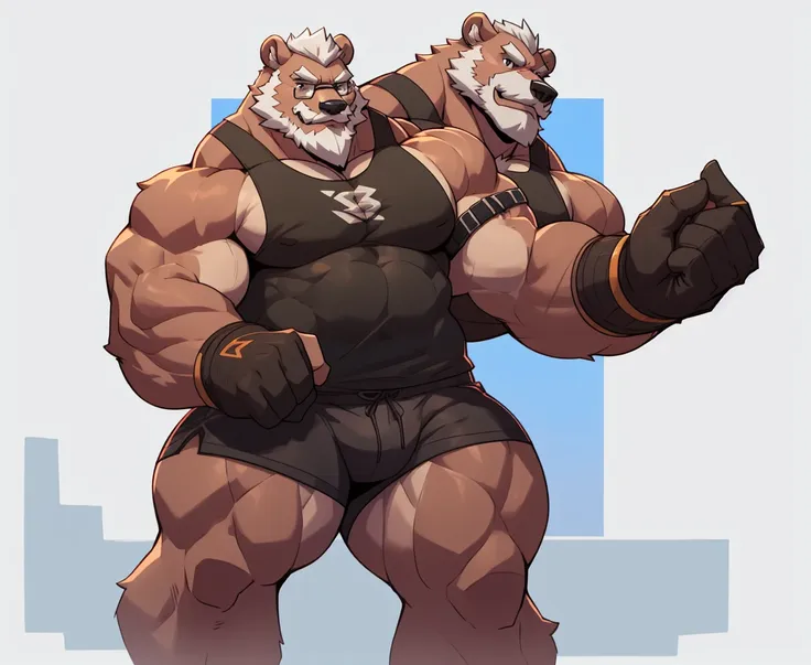 solo, 1boy, huge muscular old grizzly bear daddy wearing glasses , pectoral, huge pectoral, wide pectoral, short white hair, bla...