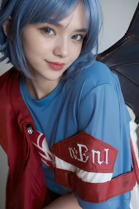 1girl, (((remilia scarlet))), (bat wings), (vampire), short hair, (((blue hair))), ((standing)), ((((face close up)))), ((jacket...