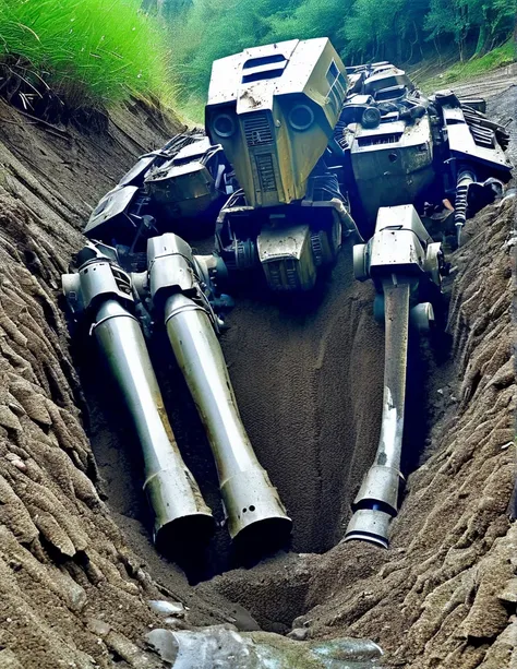 bird's eye view, a landslide buried a huge abandoned mecha, lying in a pit, the mecha is covered with rust and mud, broken body,...