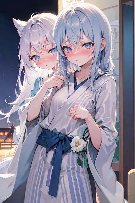 undressing、acme face、random pose、、summer festival、night sky、nsfw、yukata、semi-long hair、silver hair、pale blue eyes、、summer festiv...