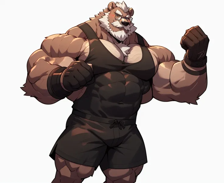 solo, 1boy, huge muscular old grizzly bear daddy wearing glasses , pectoral, huge pectoral, wide pectoral, short white hair, bla...