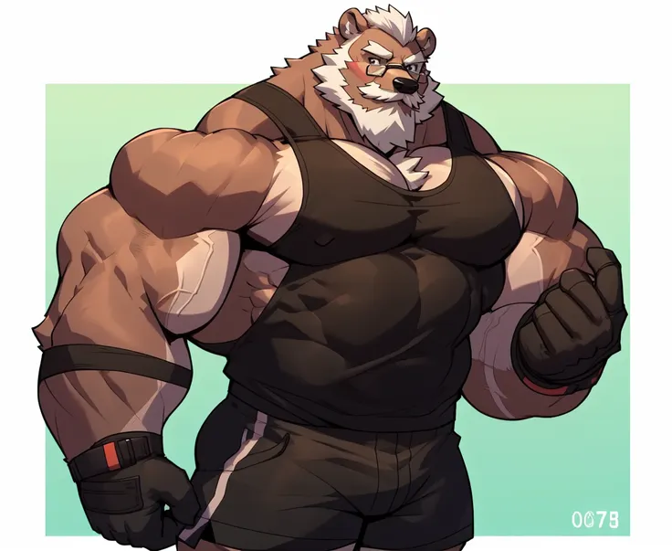 solo, 1boy, huge muscular old grizzly bear daddy wearing glasses , pectoral, huge pectoral, wide pectoral, short white hair, bla...