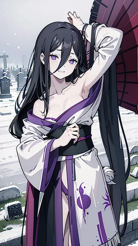 (highest quality), (masterpiece),black hair, purple eyes, purple kimono, exposing shoulders, ,fair skin, long hair, long bangs, ...