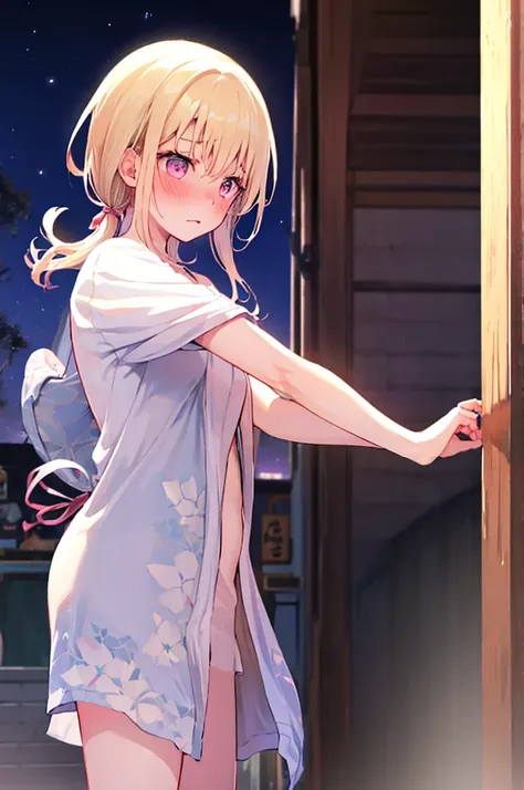 undressing、acme face、random pose、、summer festival、night sky、nsfw、yukata、medium hair、light cream colored hair、pale pink eyes、、sum...