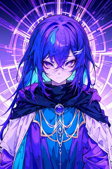 a mysterious figure with purple and blue hair, wrapped in a cloak that transitions between purple colors, pink and blue,with the...