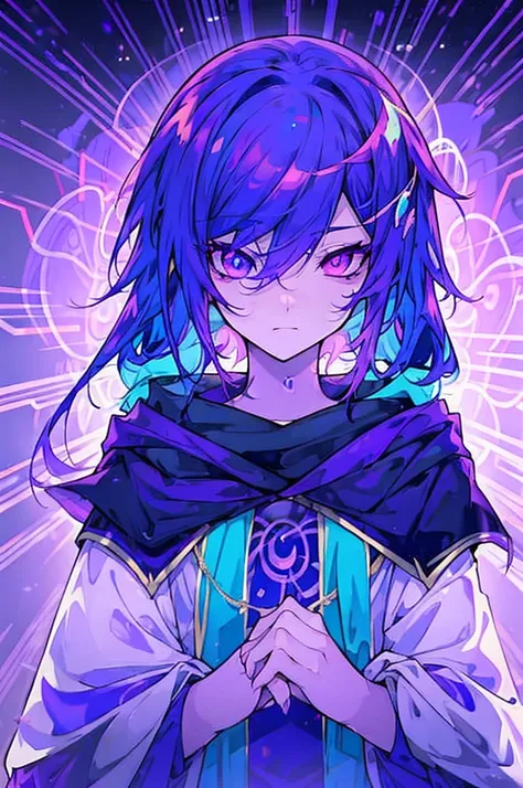 a mysterious figure with purple and blue hair, wrapped in a cloak that transitions between purple colors, pink and blue,with the...