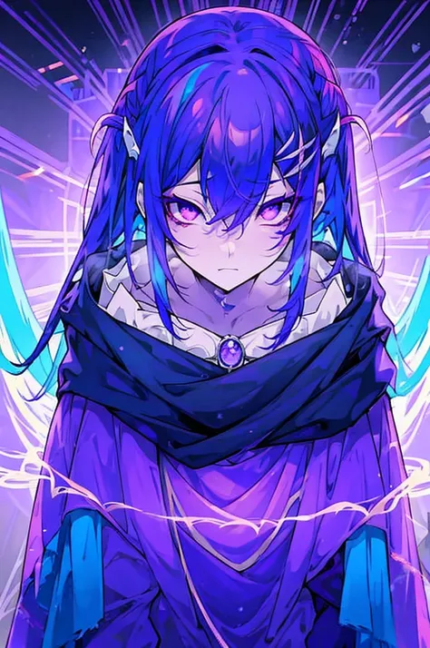 a mysterious figure with purple and blue hair, wrapped in a cloak that transitions between purple colors, pink and blue,with the...