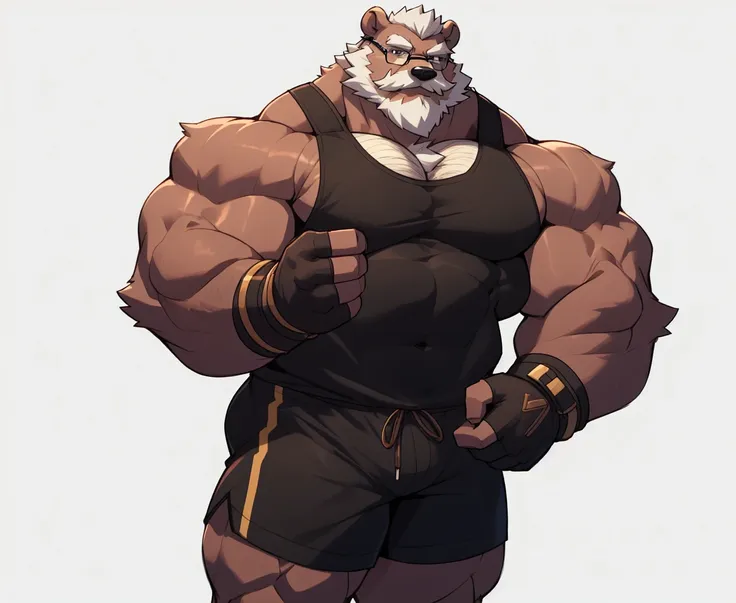 solo, 1boy, huge muscular old grizzly bear daddy wearing glasses , pectoral, huge pectoral, wide pectoral, short white hair, bla...