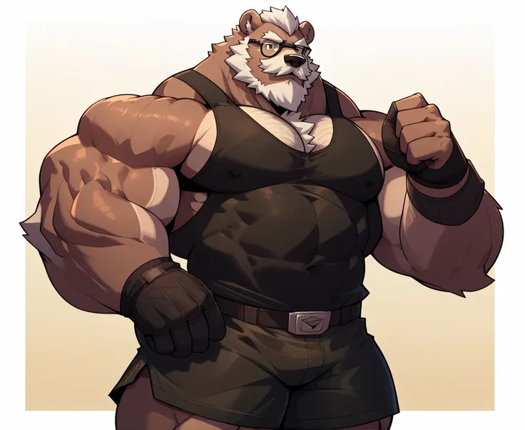 solo, 1boy, huge muscular old grizzly bear daddy wearing glasses , pectoral, huge pectoral, wide pectoral, short white hair, bla...