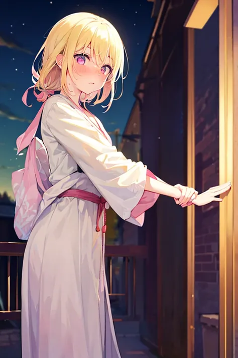 random pose、undressing、acme face、random pose、、summer festival、night sky、nsfw、yukata、medium hair、light cream colored hair、pale pi...