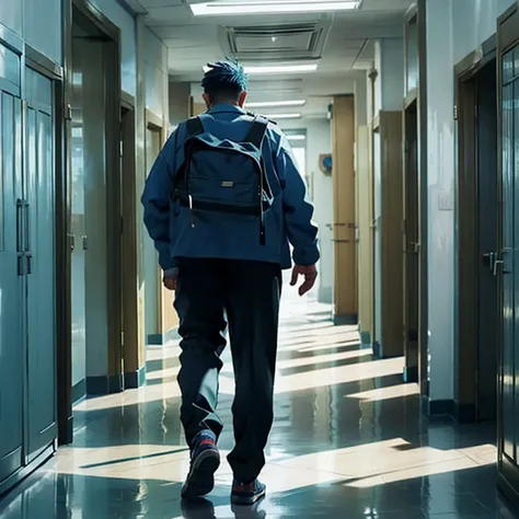 A fat man (blue hair) wearing high male  walking at school corridor, full body, wearing shoes, wearing school pants, pov third view person from behind, students