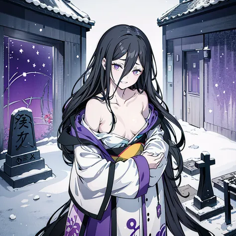 (highest quality), (masterpiece),black hair, purple eyes, purple kimono, exposing shoulders, ,fair skin, long hair, long bangs, ...